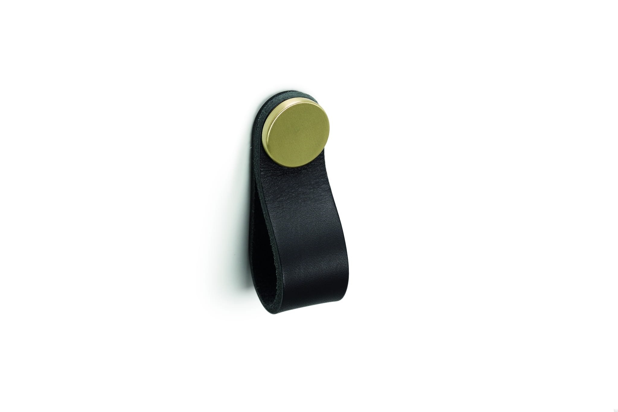 Maner, buton Flexa din piele neagra pentru mobilier, cu ornament finisaj alama, L: 70 mm
