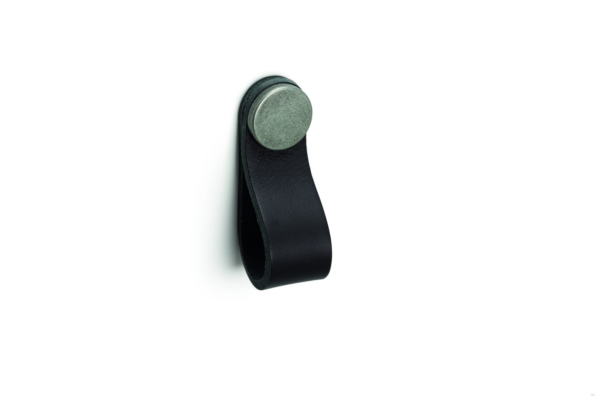 Maner, buton Flexa din piele neagra pentru mobilier, cu ornament finisaj alama, L: 70 mm