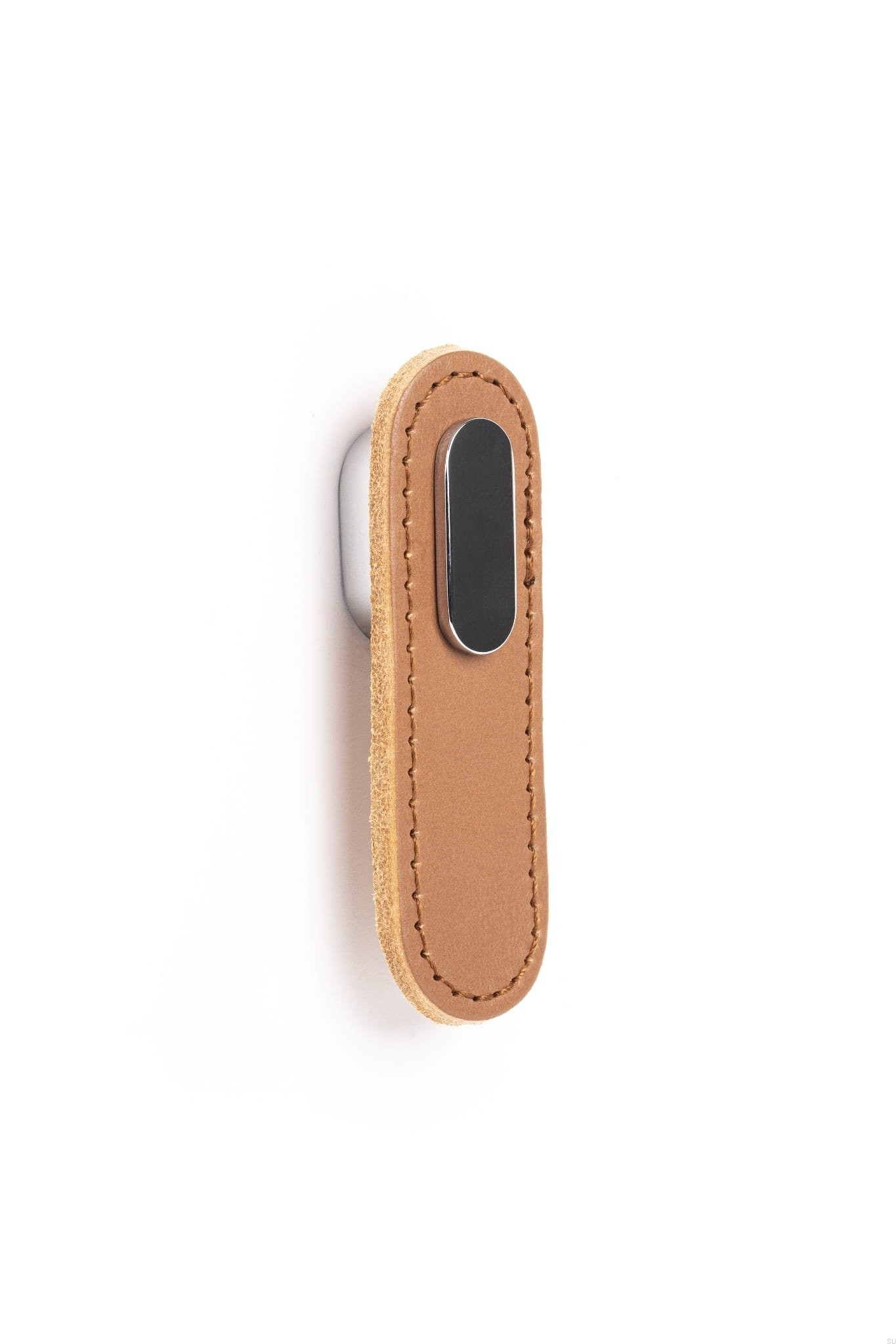 Maner, buton Oblong din piele bej pentru mobilier, cu ornament finisaj crom lucios, L 70 mm