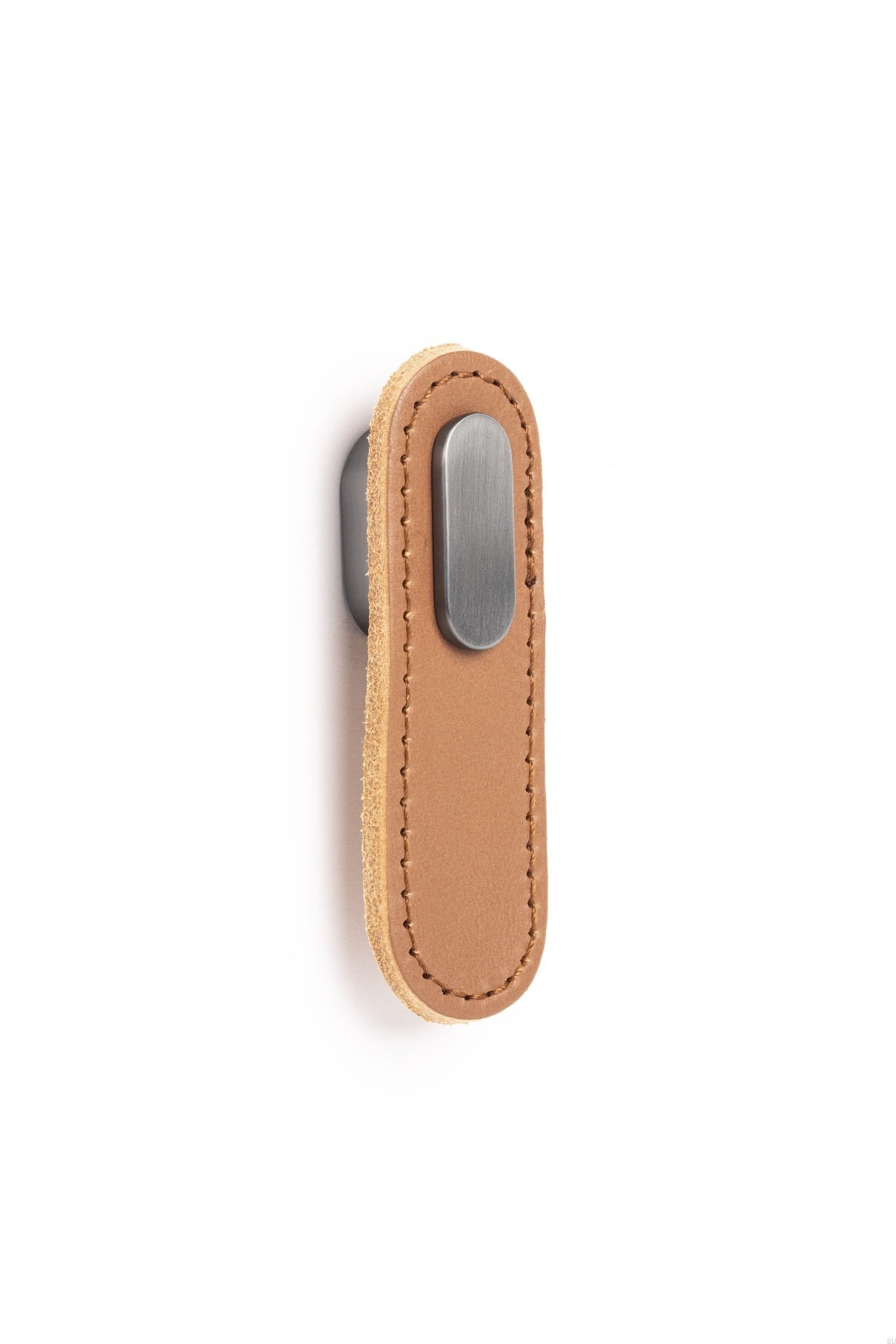 Maner, buton Oblong din piele bej pentru mobilier, cu ornament finisaj gri periat, L 70 mm