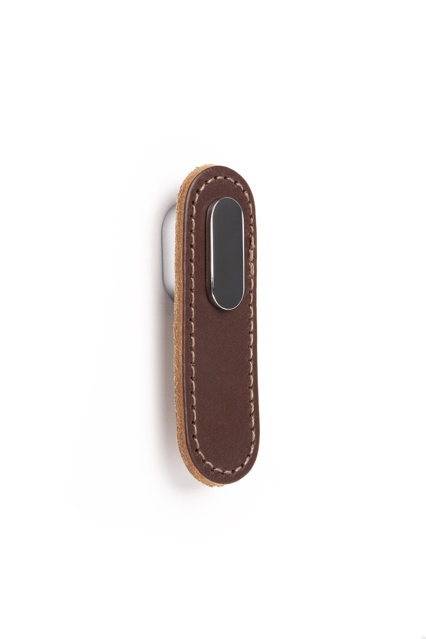 Maner, buton Oblong din piele maro pentru mobilier, cu ornament finisaj crom lucios, L 70 mm