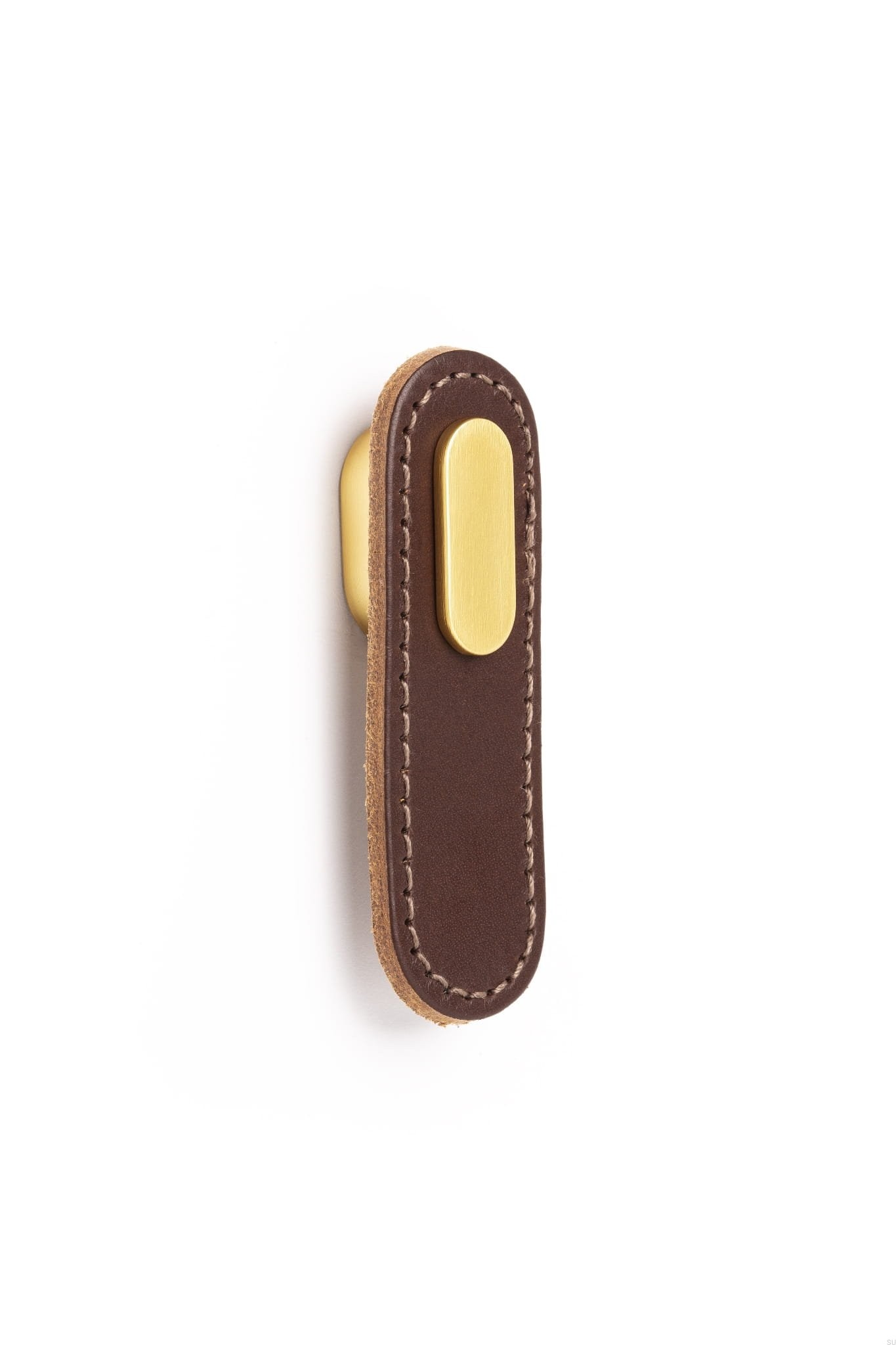 Maner, buton Oblong din piele maro pentru mobilier, cu ornament finisaj auriu periat, L:70 mm
