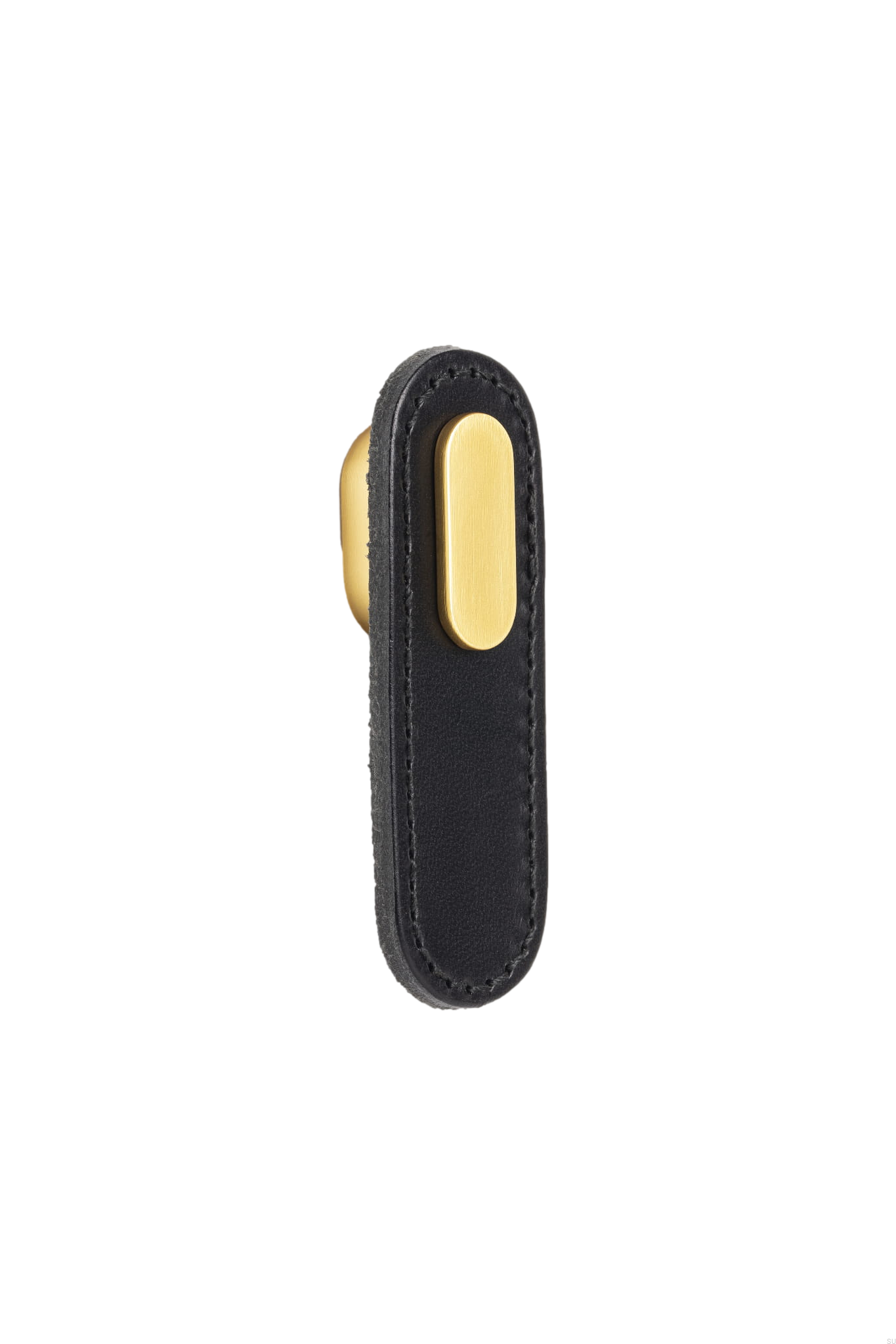 Maner, buton Oblong din piele neagra pentru mobilier, cu ornament finisaj auriu periat, L:70 mm