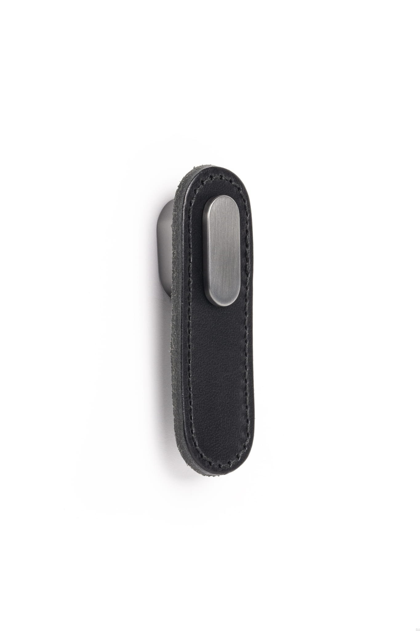 Maner, buton Oblong din piele neagra pentru mobilier, cu ornament finisaj gri periat, L 70 mm