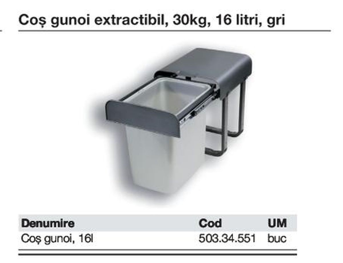 503.34.551 - Cos gunoi extractibil, 30kg, 16 L, gri