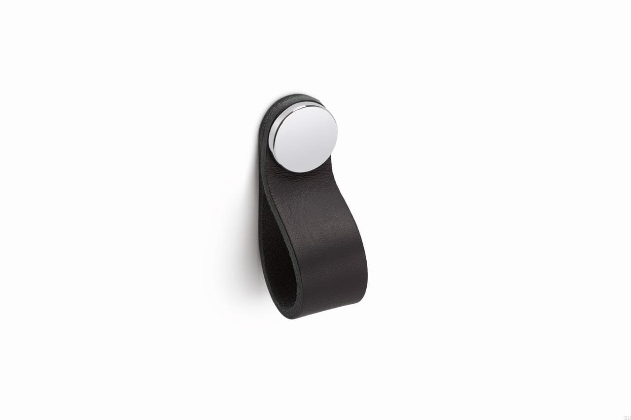 Maner, buton Flexa din piele neagra pentru mobilier, cu ornament crom lucios, L: 70 mm