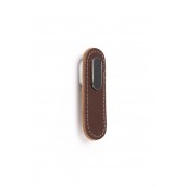 Maner, buton Oblong din piele maro pentru mobilier, cu ornament finisaj crom lucios, L 70 mm