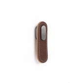 Maner, buton Oblong din piele maro pentru mobilier, cu ornament finisaj gri periat, L 70 mm